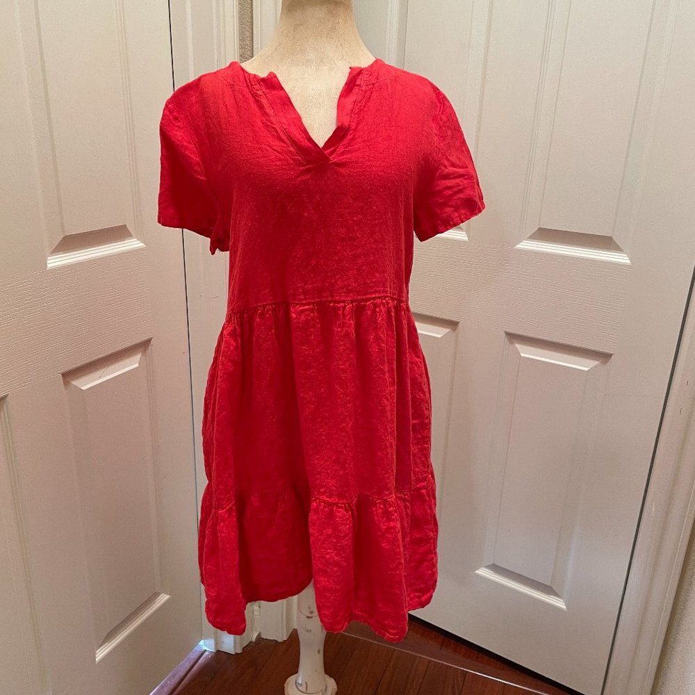 Francesca Bettini Italian Boho Chic Tiered Design Red Rosso Pure Linen Dress M